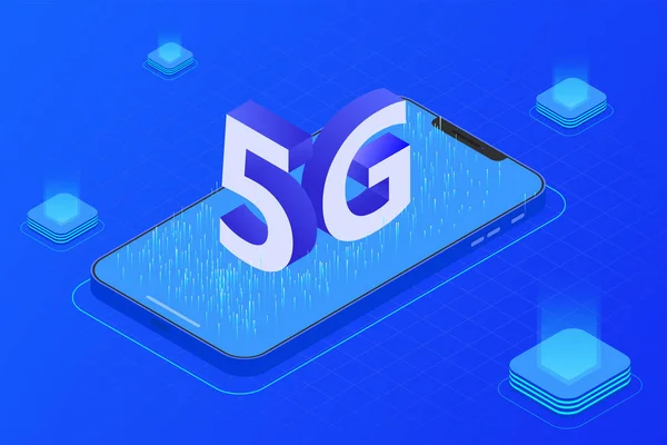 5G無線ネットワーク技術ベクトル図 大きな文字5Gとスマートフォンの等価性 モバイルインターネットの概念 デジタルサービス — ストックベクタ