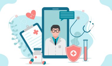 Online tıbbi danışmanlık ya da Doktor online konsepti. Tıbbi uygulama ve web siteleri için kavram. Düz vektör illüstrasyonu.