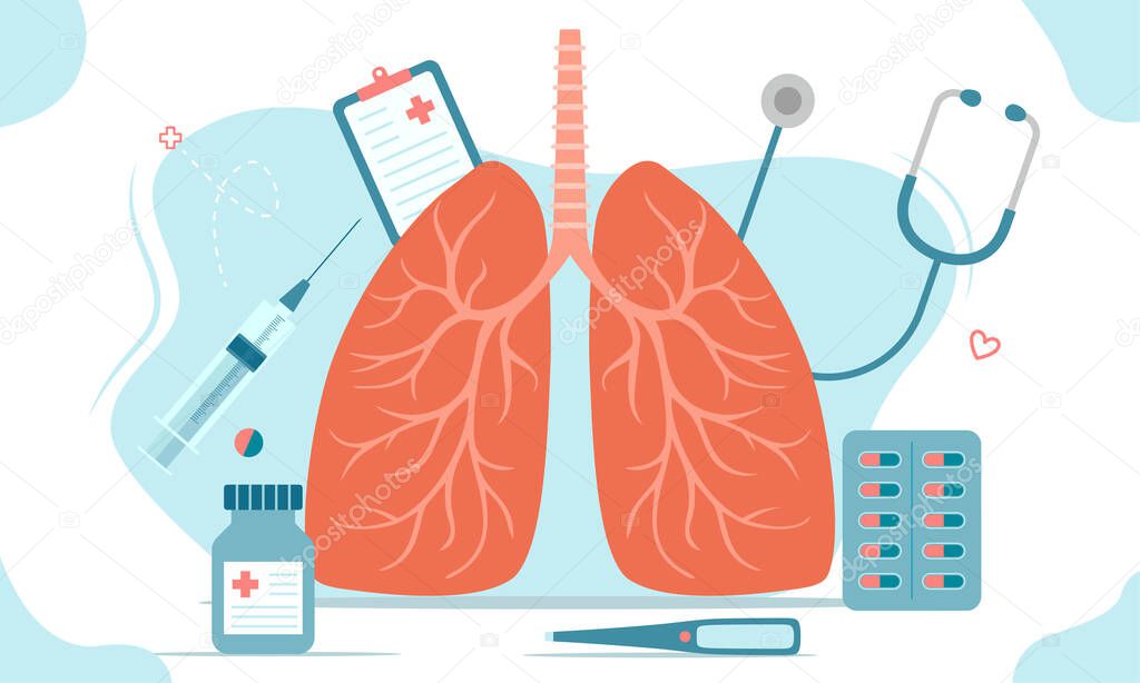 Lung disease or pneumonia treatment, vaccination and medications, online health checks and medical diagnosismedicine and healthcare flat design concept.