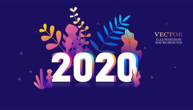 2020 yıllık yazı tipi vektör illüstrasyonu modada düz stil ve parlak renkli bitkiler, yapraklar, ağaçlar ve gökyüzü - afiş, tebrik kartı, poster için arka plan