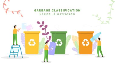 Çöp ayıklama ve çöp toplama - vektör çizimi küçük insanlar konteynırlara çöp atar. Çöp atıkları sınıflandırılıyor. Plastik, kağıt, organik. E-atık. Çevre koruma, ekoloji