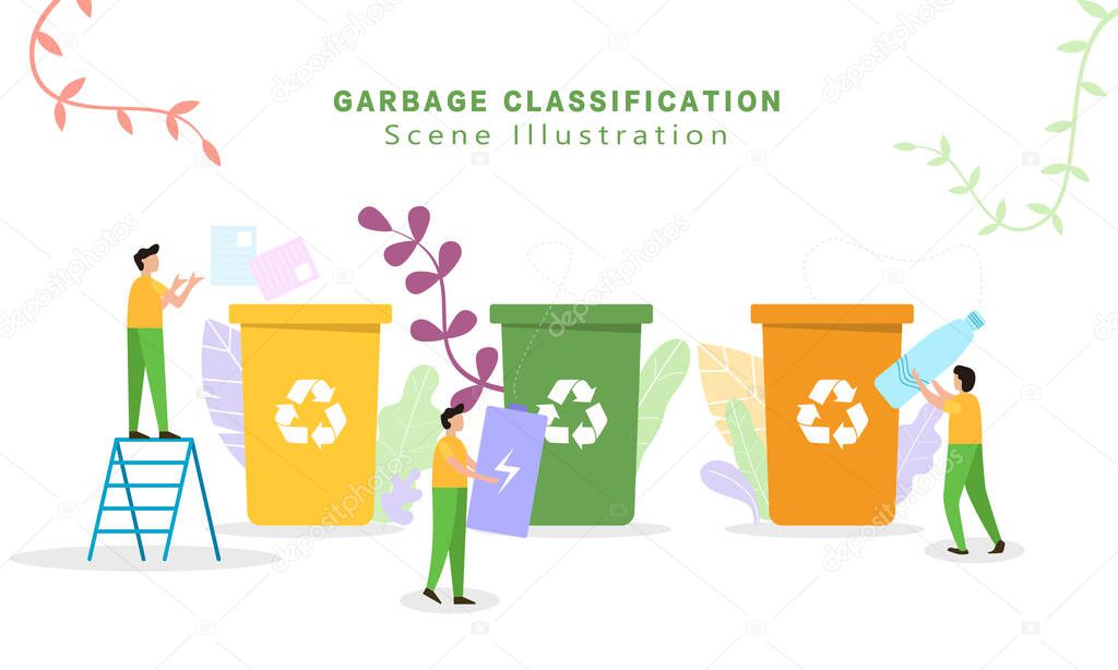 Garbage sorting and garbage collection - vector illustrationsmall little people throw garbage in containers. Sorting Garbage Waste. Plastic, paper, organic. e-waste. Environmental protection, ecology