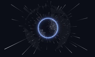 Altıgen vektör ızgara küresi ve dağılmış noktalar, yüksek teknoloji ve büyük verileri ya da bulut hesaplamasını, ışıyan çizgileri temsil eder.