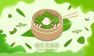 Dragon Boat Festivali vektör düz stil illüstrasyon, Çin geleneksel festivali - Ejderha Teknesi Festivali