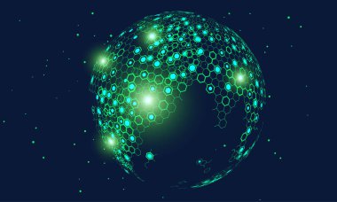 Yüksek teknoloji, bulut hesaplaması ve interneti temsil eden altıgen vektör ızgara küresi