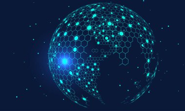 Yüksek teknoloji, bulut hesaplaması ve interneti temsil eden altıgen vektör ızgara küresi