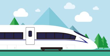 Orman ve dağ geçmişi olan tren. Düz biçim vektör illüstrasyonu.