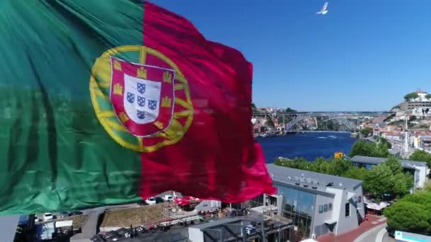 Gran Bandera Portugal Histórica Ciudad Porto — Vídeo de stock