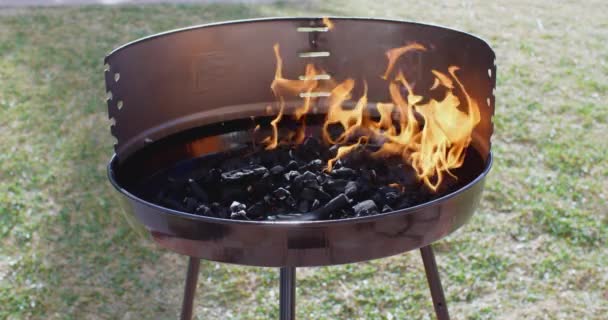 Hořící Oheň Přenosném Grilu — Stock video