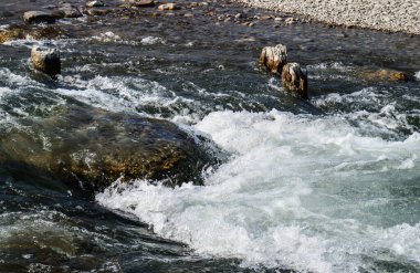 Nehirde büyük taşlar var. Nehir akıyor. Doğanın Uyanışı