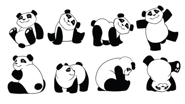 Conjunto Ocho Felices Siluetas Pandas Sonrientes — Vector de stock