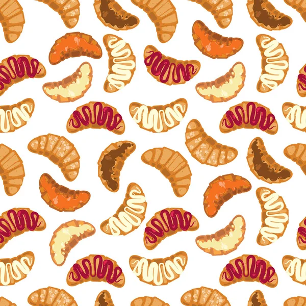 Patrón Inconsútil Colorido Con Ilustración Croissants Con Mermelada Mantequilla Chocolate — Vector de stock