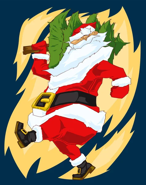 Kleurrijke Vector Illustratie Van Wandelende Kerstman Met Kerstboom Rechtenvrije Stockillustraties