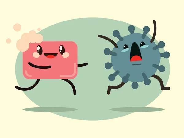 Kolorowe Słodkie Ilustracji Walki Wirusem Uśmiechniętym Kawałkiem Mydła Krzyczącym Wirusem Wektor Stockowy