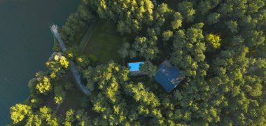 Orman çalılığında havuzu olan gizemli bir orman evinin üst görüntüsü.