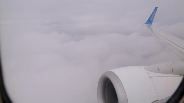 Blick aus dem Flugzeugfenster auf die schönen flauschigen Wolken. — Stockvideo