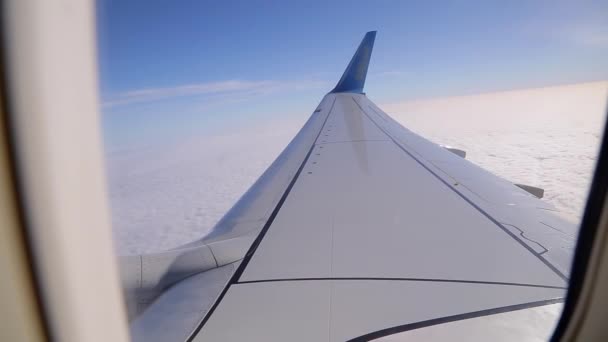 Güzel pofuduk bulutların üzerindeki uçak penceresinden bak.. — Stok video