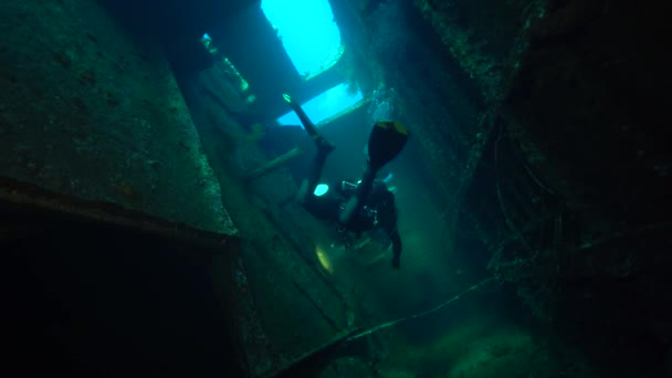 沈没船の難破船の中で呼吸水泳とスキューバダイバー — ストック動画