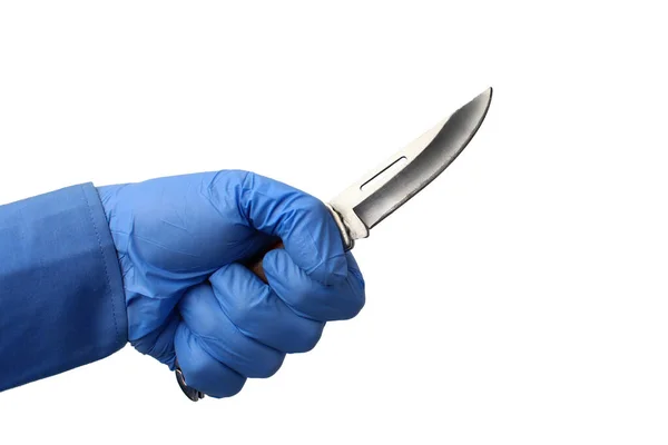 Doctor Hand Blue Medical Shirt Surgical Gloves Household Knife White — Stock Photo, Image