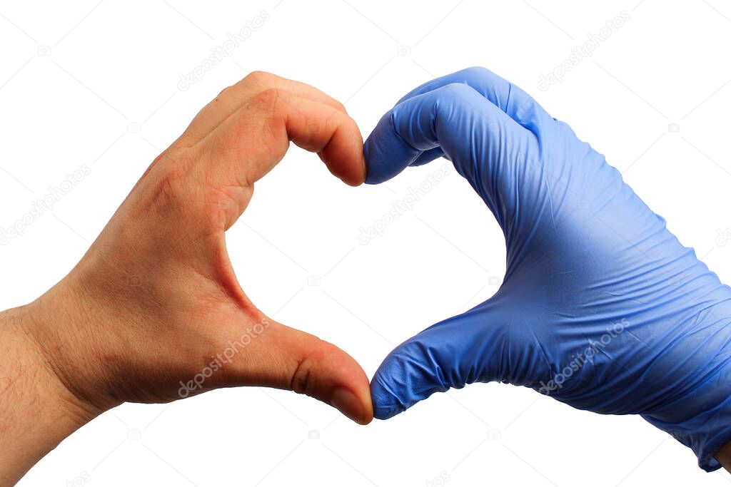 Hands depict a heart on a white background, isolated. Concept of victory over a pandemic
