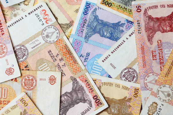 Willekeurig Verspreide Noten Van Moldavische Lei Achtergrond — Stockfoto