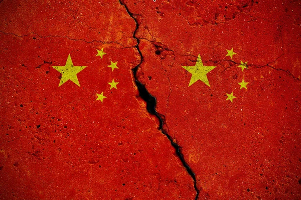 Concrete Slab Large Cracks Two Flags China Abstract Concept Internal — Stock Photo, Image