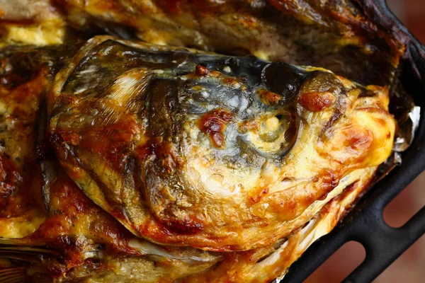 Oven Baked Fish Baking Sheet Carp Head Close — Stock Photo, Image