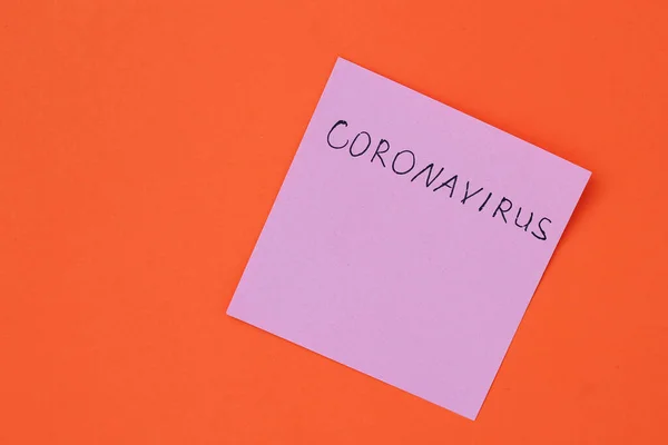 Inscrição Adesivo Coronavirus Fundo Laranja — Fotografia de Stock