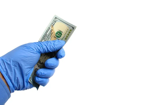 Läkarens Hand Medicinsk Handske Håller Dollar Vit Bakgrund Isolerad Ingen — Stockfoto