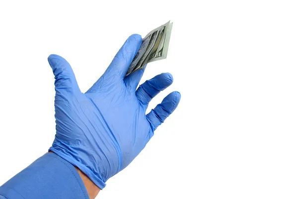 Mão Uma Luva Médica Dólares Entre Dedos Fundo Branco Isolado — Fotografia de Stock