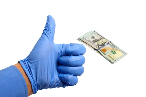 Mão Uma Luva Médica Dólares Fundo Branco Isolado Conceito Tratamento — Fotografia de Stock
