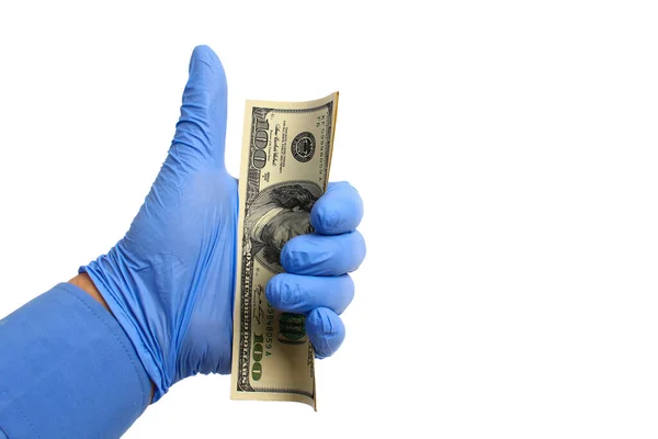 Uma Mão Uma Luva Médica Segura Dólares Americanos Fundo Branco — Fotografia de Stock