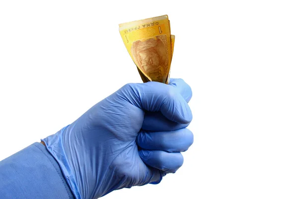 Uma Mão Uma Luva Médica Mantém Ucrânia Dinheiro Estado Hryvnia — Fotografia de Stock