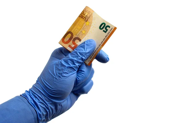 Uma Mão Uma Luva Médica Segura Euro Fundo Branco Isolado — Fotografia de Stock