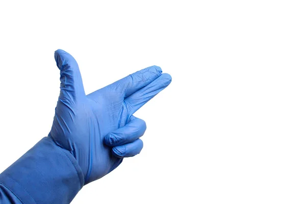 Hand Medical Glove Metaphorically Depicts Gun White Background Isolated Concept — Stock Photo, Image