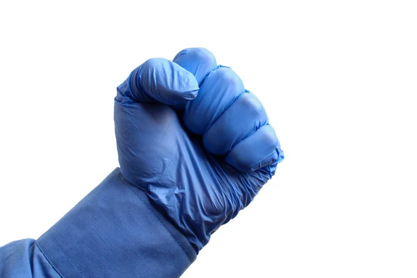 Рука Медичній Рукавичці Згорнута Кулак Білому Тлі Ізольована Боротьба Концепція — стокове фото