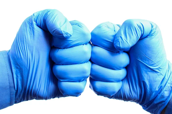 Hands Medical Gloves Clenched Fists White Background Isolated Fight Concept — Stock Photo, Image