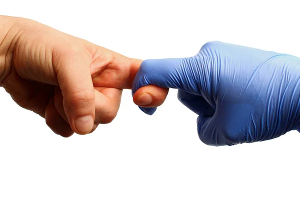 Hand Medical Glove Pulls Another Hand White Background Isolated Life — Stock Photo, Image