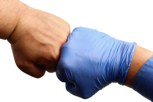 Рука Лікаря Медичній Рукавичці Рука Пацієнта Кулаках Білому Тлі Ізольована — стокове фото