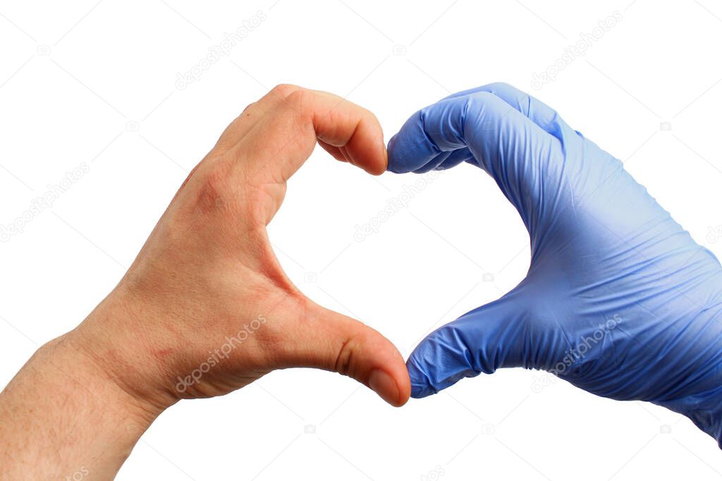 A hand in a medical glove and a patient's hand depict a heart on a white background, isolated. Life saving concept