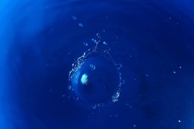 Soyut tonlu mavi arkaplan, su sıçramaları, duvar kağıdı boş, metin veya harfler için alt tabaka, dizayn için şablon