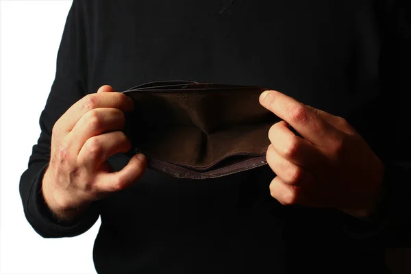 Wallet without money in hands on a white background, isolated. The concept of a difficult economic situation due to the Covid-19 pandemic (coronavirus infection)