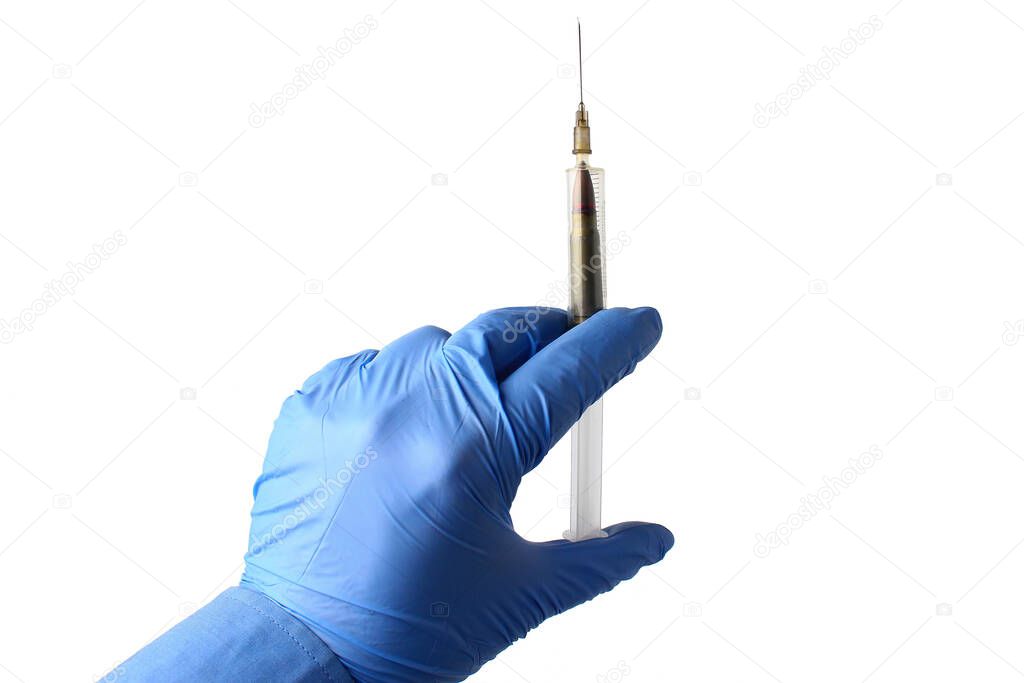 Bullet in a syringe with shadow, on a white background isolated. The concept of death from an injection