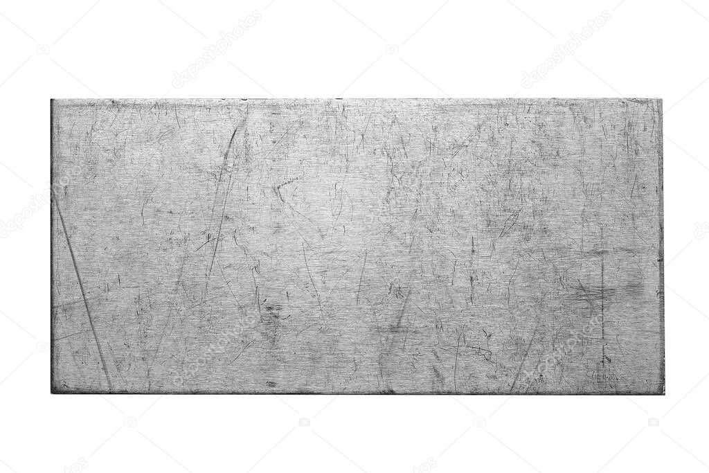 Scratched metal plate made of stainless steel on a white background isolated. Blank for inscription or text. Substrate for design.