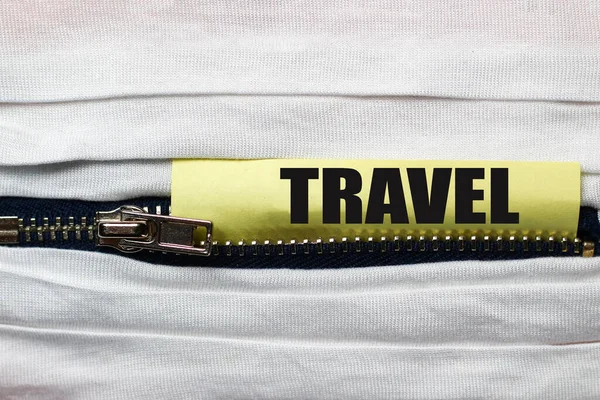 White Fabric Zipper Close Sticker Text Caption Travel — Stock Photo, Image