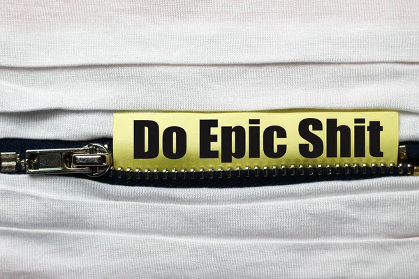 White Fabric Zipper Close Sticker Text Caption Epic Shit — Stok fotoğraf