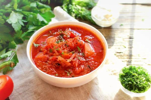우크라이나 러시아 요리붉은 토마토 토마토 파슬리 양배추 비트등으로 야채로 — 스톡 사진