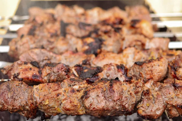 Churrasco Grelhador Espetos Porco Deliciosos Fumar Das Brasas Fumar Grelha — Fotografia de Stock