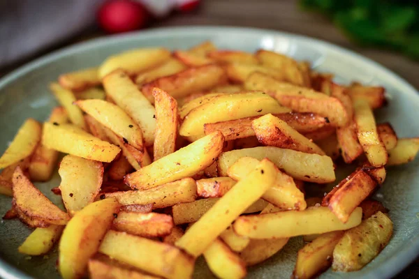 Cocina Paso Paso Receta Papas Fritas Fondo Madera Los Platos — Foto de Stock