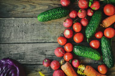 Turp, domates, salatalık, havuç, kırmızı lahana. Metin Sebzeler için en üst görünüm boş arkaplan